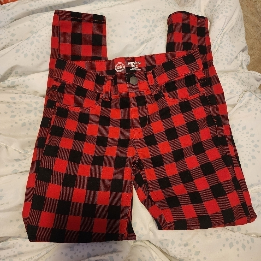 Wonder Nation Girls Medium 7-8 Red Black Buffalo Plaid Jeggings Skinny Pants EUC